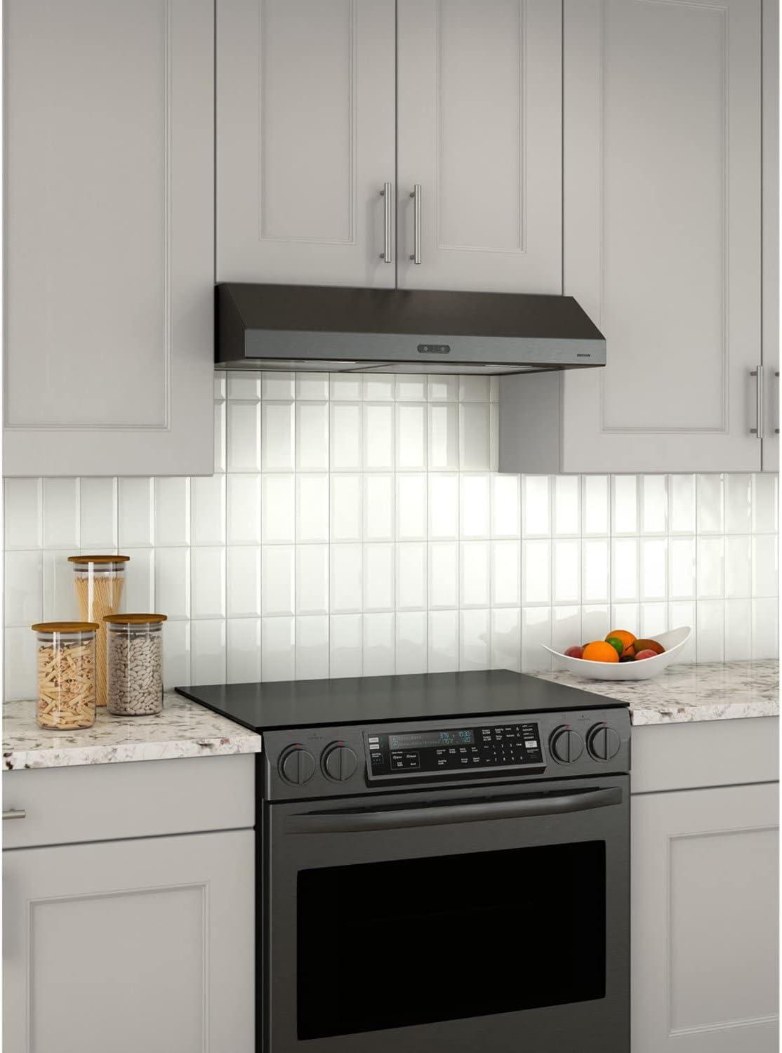 imageBroanNuTone BCDF130SS Glacier Convertible Range Hood Light Exhaust Fan for Under Cabinet Stainless Steel 375 Max Blower CFM 30InchBlack Stainless Steel