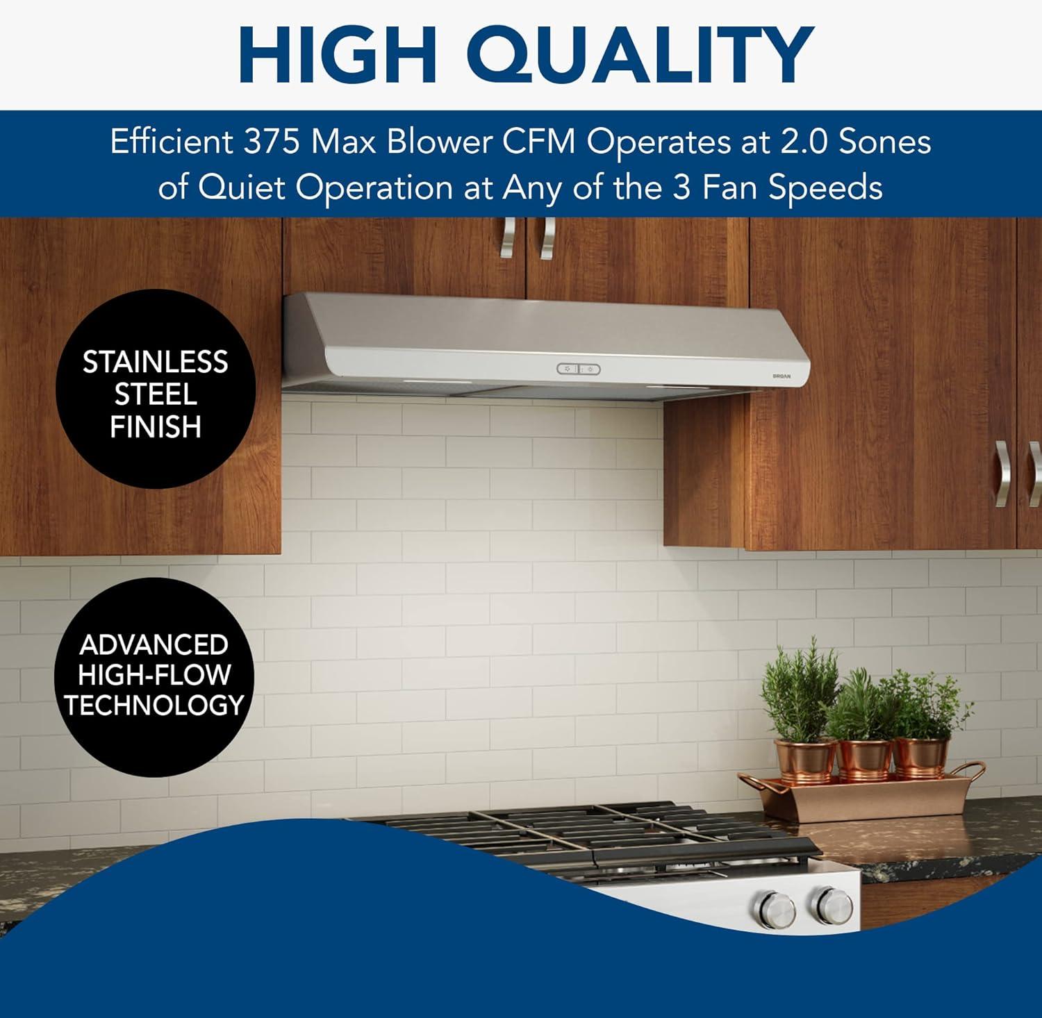 imageBroanNuTone BKDF130SSK Stainless Steel Broan 375 Max Blower CFM 30Inch Undercabinet Range Hood Cord Kit and Charcoal Filters