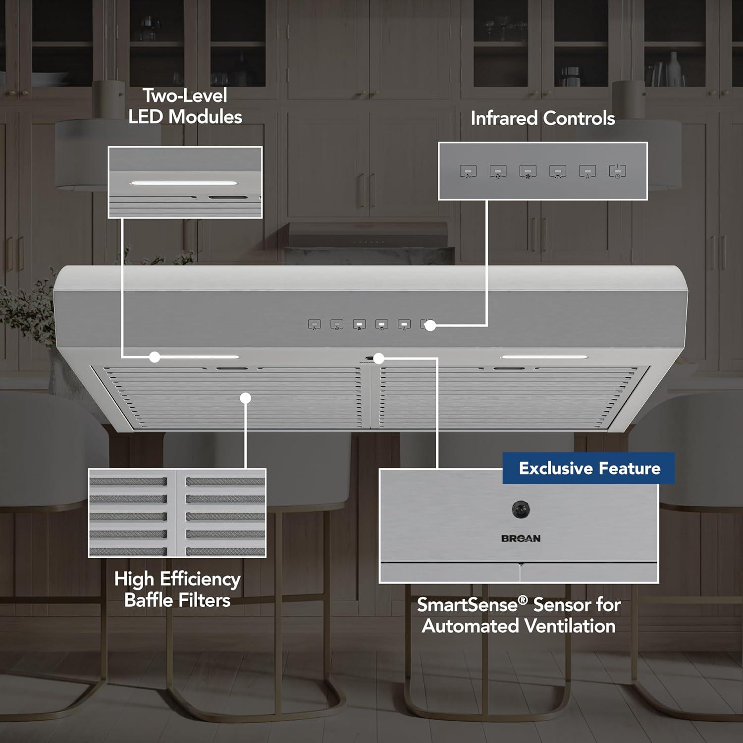 imageBroanNuTone MTR3304SS Mantra 30Inch 490 MAX Blower CFM 10 Sones Stainless Steel Range Hood Undercabinet