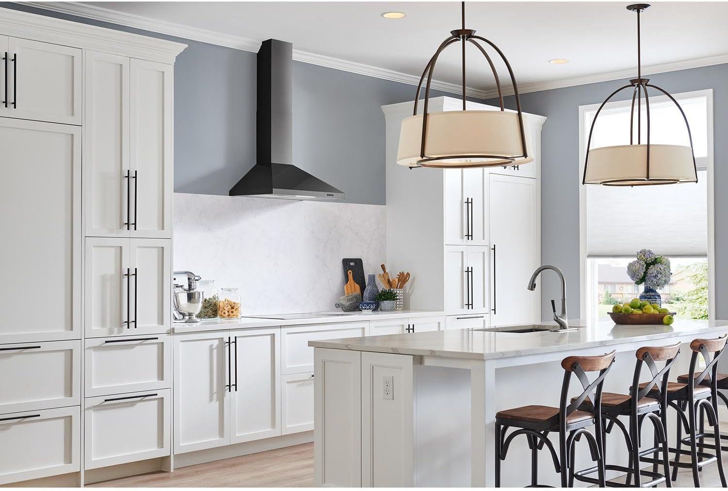 imageBroanNuTone 30inch WallMount Convertible ChimneyStyle Pyramidal Range Hood with 3Speed Exhaust Fan and Light 460 Max Blower CFM Black Stainless SteelBlack Stainless Steel