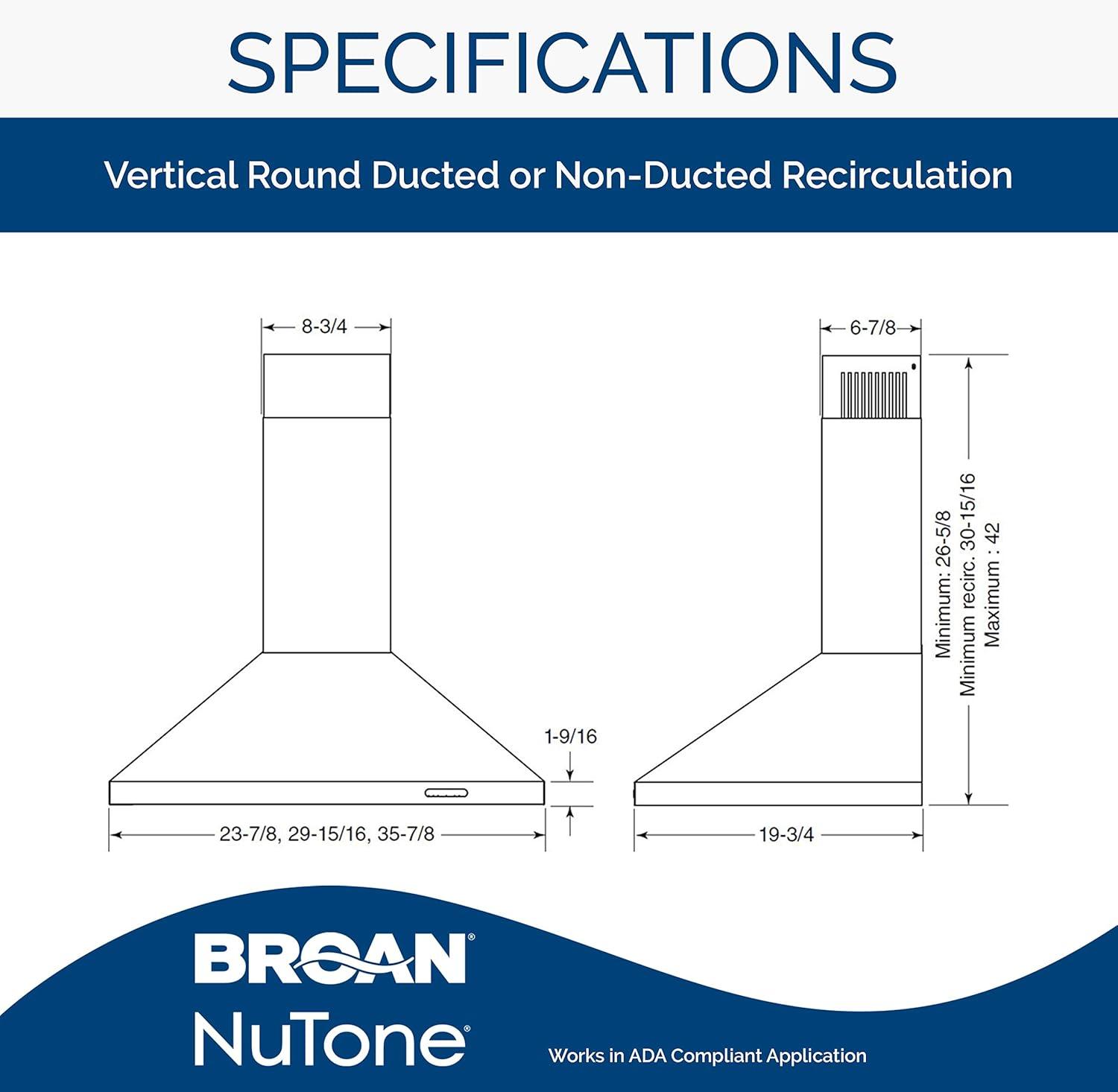 imageBroanNuTone 30inch WallMount Convertible ChimneyStyle Pyramidal Range Hood with 3Speed Exhaust Fan and Light 460 Max Blower CFM Black Stainless SteelStainless Steel