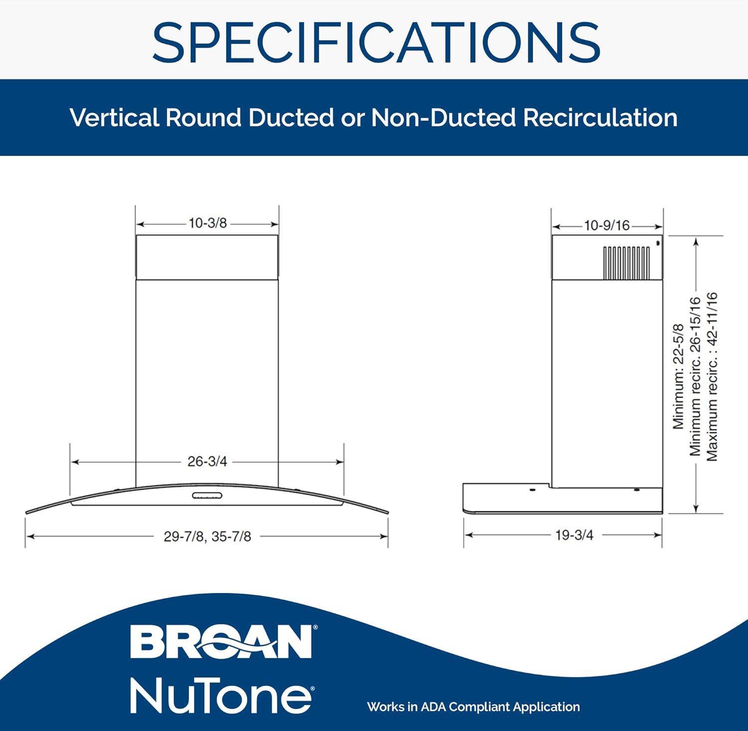 imageBroanNuTone 30inch WallMount Convertible ChimneyStyle Range Hood with 3Speed Exhaust Fan and Light 460 Max Blower CFM Stainless SteelStainless Steel
