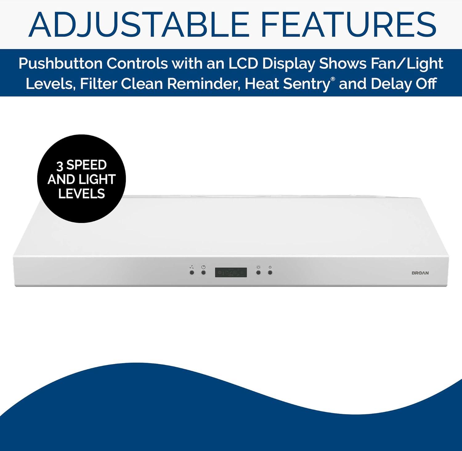 imageBroanNuTone BCDJ130WH Glacier 30inch UnderCabinet 4Way Convertible Range Hood with 3Speed Exhaust Fan and Light WhiteWhite