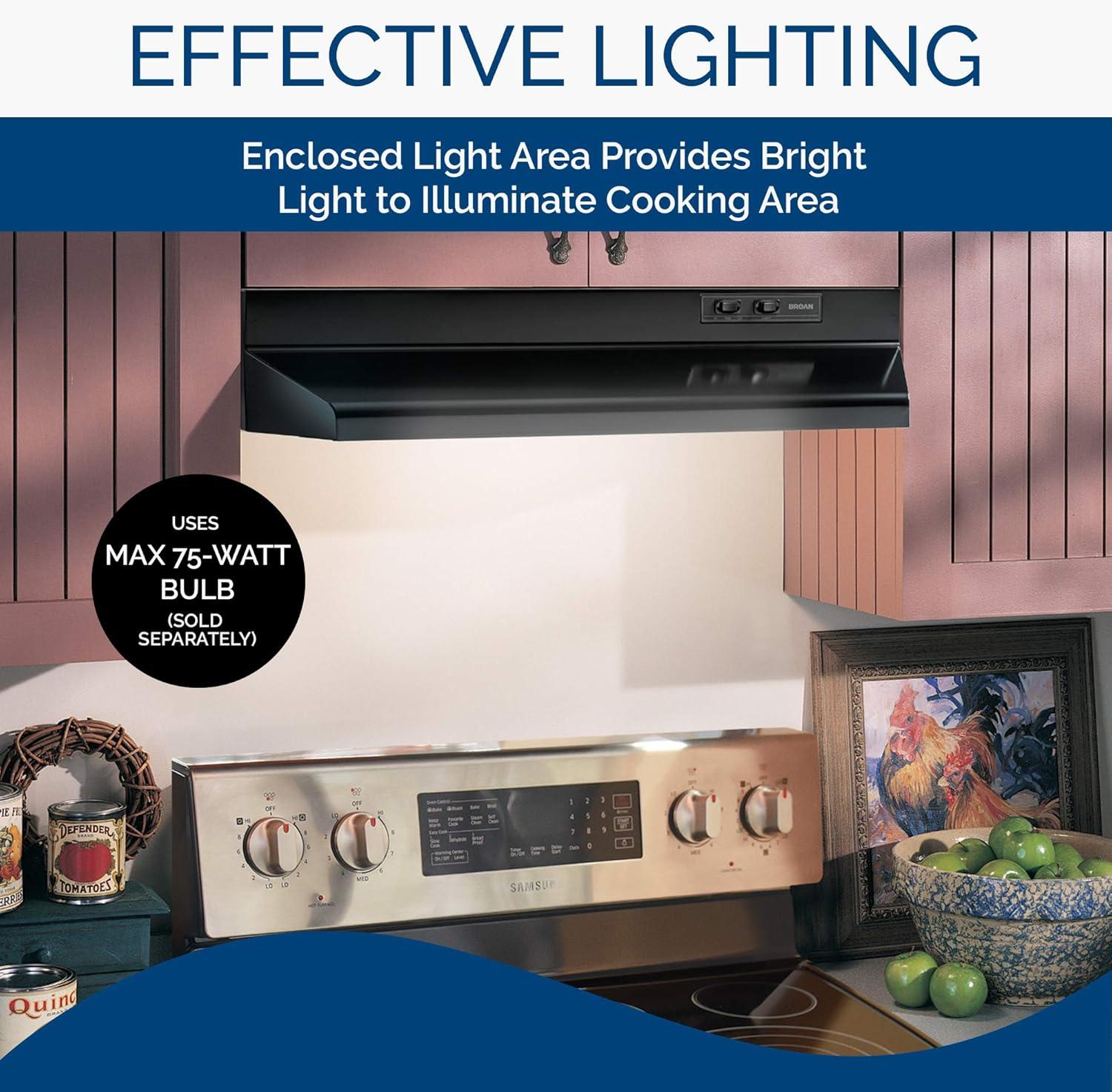 imageBroanNuTone Economy 30inch UnderCabinet Easy Install Range Hood with 2Speed Exhaust Fan and Light 230 Max Blower CFM BlackBlack