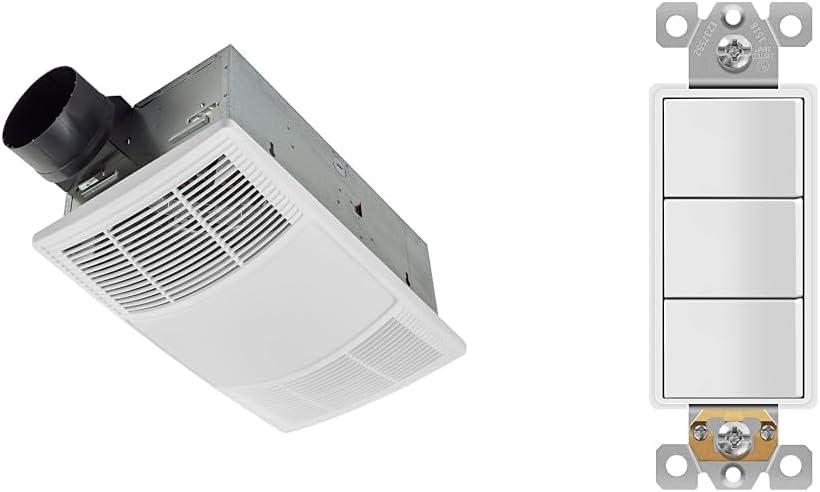 imageBroanNuTone BHFLED80 PowerHeat Bathroom Exhaust Fan Heater and LED Light Combination 80 CFM ampamp P3RW ThreeRocker Switch for Bathroom Exhaust Fan White Wall Control Knob80 CFM