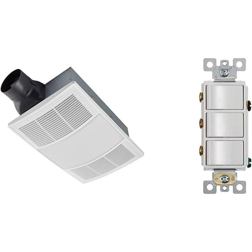 imageBroanNuTone BHFLED110 PowerHeat Bathroom Exhaust Fan Heater and LED Light Combination 110 CFM ampamp P3RW ThreeRocker Switch for Bathroom Exhaust Fan White Wall Control Knob